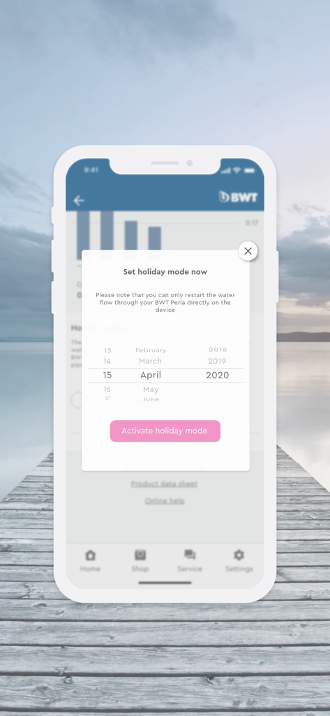 BWT Best Water Home - Captura de pantalla de la app BWT Best Water Home que muestra la pantalla de activación del modo vacaciones con un selector de fechas