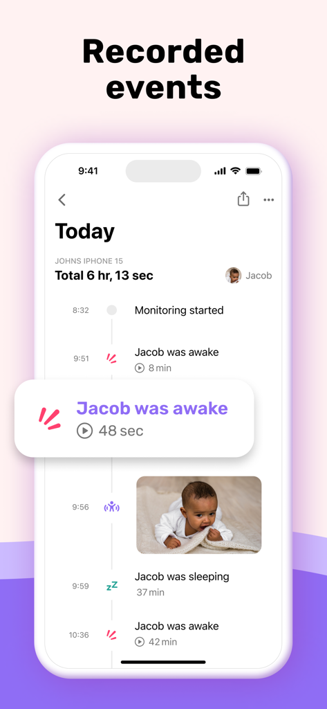 Bibino Baby Monitor: Nanny Cam - A mobile app interface displaying a timeline of recorded baby activity events like sleeping and waking