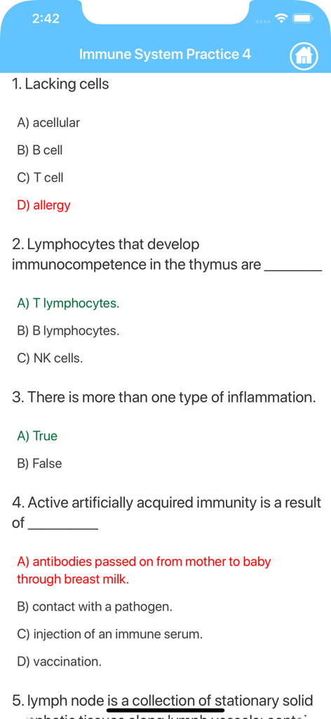 Learn Immune System - Practice quiz screen from the Learn Immune System mobile app