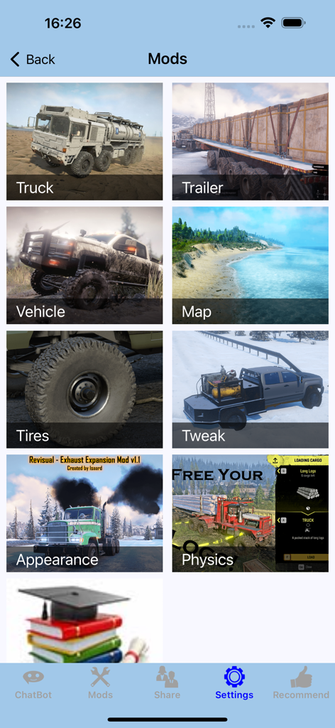 SnowR - DLC Cheat Mods Map(SR) - Un menú de cuadrícula que muestra varias categorías de mods de SnowRunner como camiones, remolques, mapas y ajustes de física.