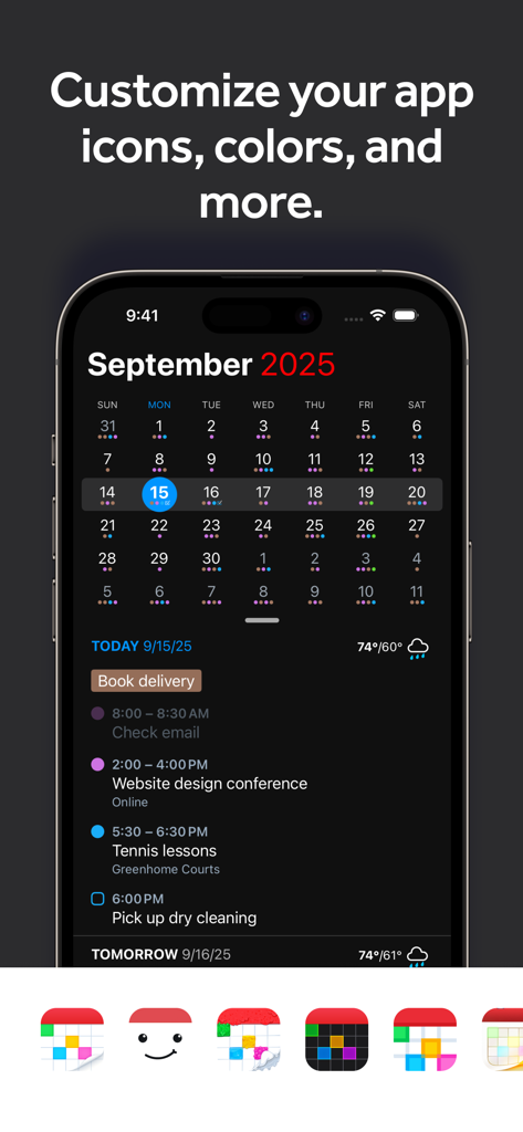 Dark mode interface of Fantastical Calendar showing a daily schedule and various custom app icon options