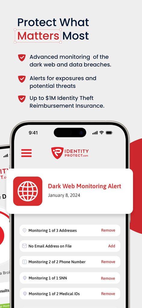 IdentityProtect app interface displaying dark web monitoring alerts and identity theft protection features