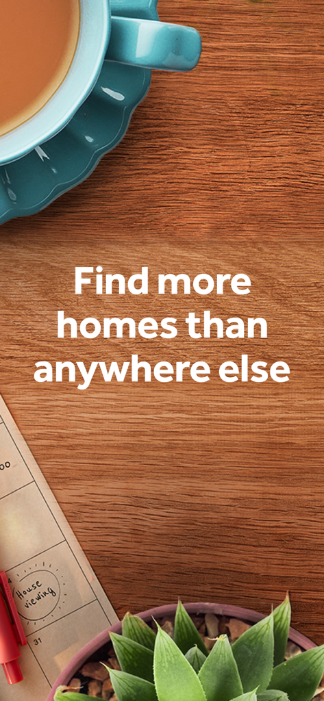 Una pantalla de marketing para la aplicación Rightmove con el eslogan encuentra más hogares que en ningún otro lugar sobre un escritorio con una taza de té y un calendario de visitas inmobiliarias