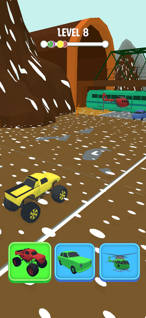 Car Shape Funny Transform Race - Caminhão monstro amarelo em uma pista de corrida com ícones de transformação para um carro e helicóptero