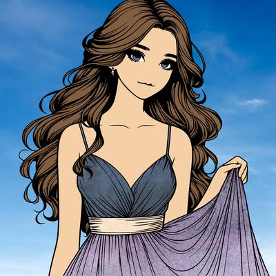 realistic girl in flowy silky prom dress