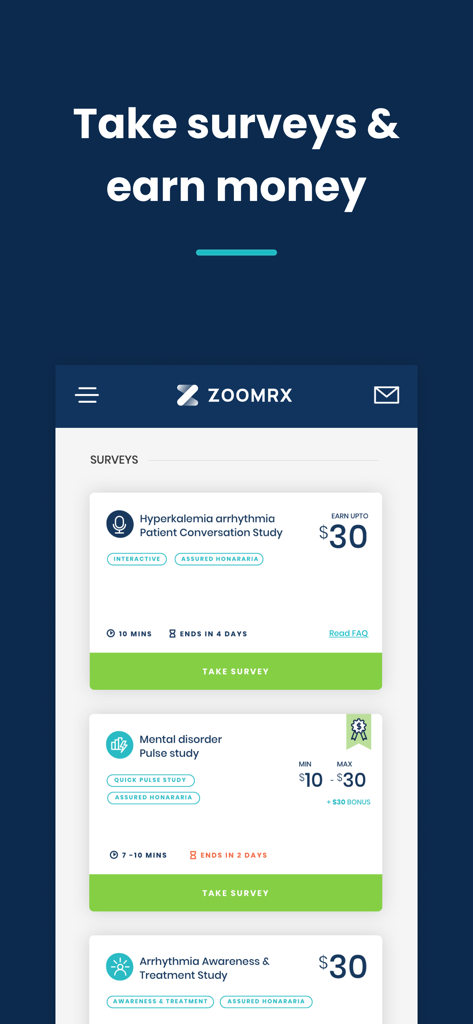 ZoomRx - ZoomRx app screen showing available medical surveys and cash rewards for healthcare professionals
