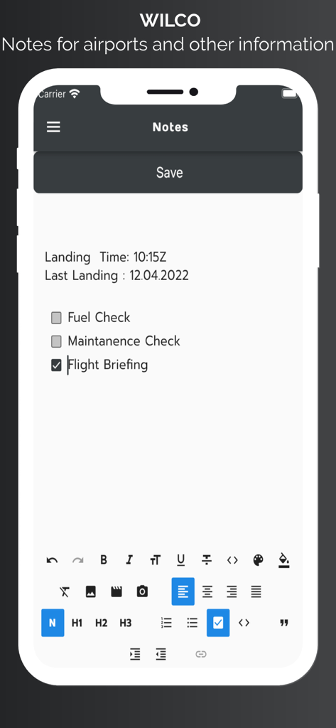 WilCo - Pilot Aviation Weather - WilCo aviation app screen showing pilot notes for airports and a flight briefing checklist