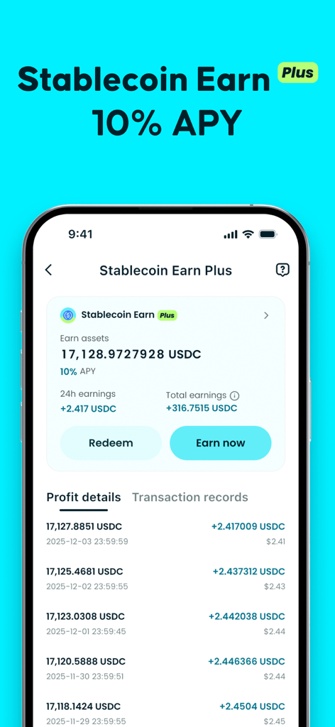 Bitget Wallet: Bitcoin, Crypto - Bitget Wallet app screen showing Stablecoin Earn Plus feature with 10 percent APY on USDC holdings