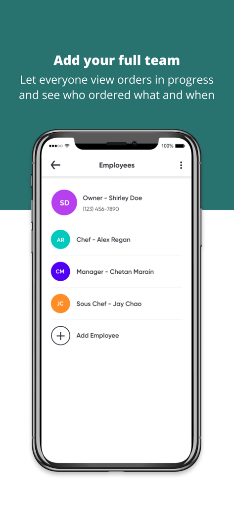 Superstock Food Services - Mobile app screen showing a list of employees with roles like Owner, Chef, and Manager to manage restaurant orders