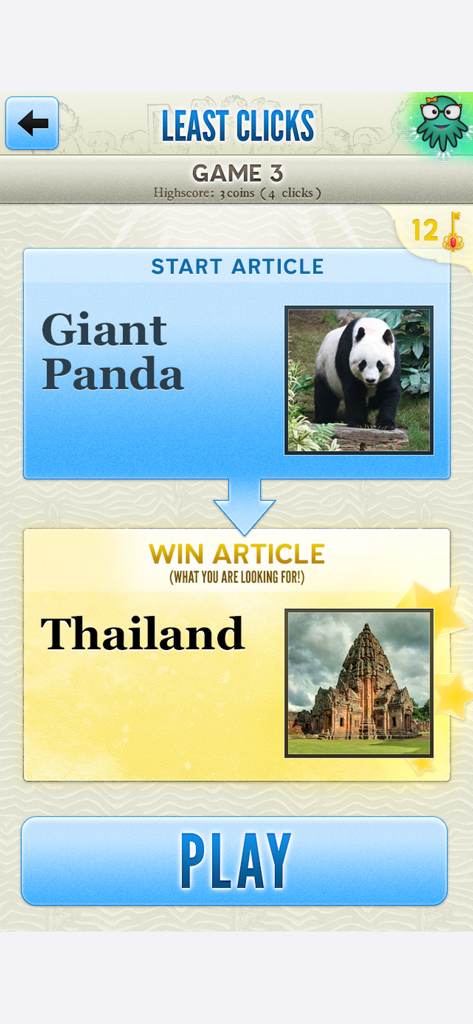 Gameplay screen of The Wiki Game showing a challenge to navigate from Giant Panda to Thailand.