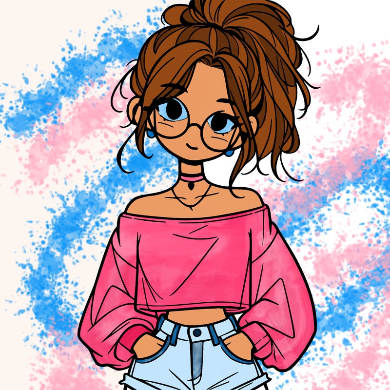 girl with a messy ponytail glasses a baggy crop top and jean shorts