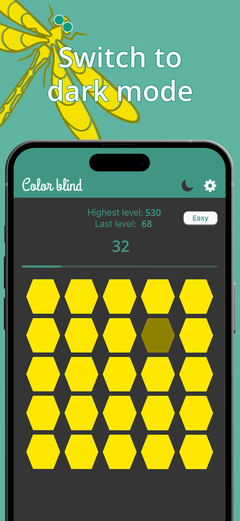 Color blind - Color game - Capture d'écran du jeu Color blind en mode sombre montrant une grille d'hexagones jaunes dont l'un est d'une teinte différente.