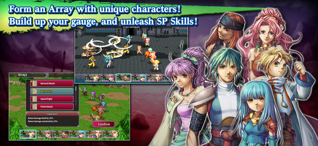 RPG Alphadia III gameplay showing character arrays and turn based combat with anime characters