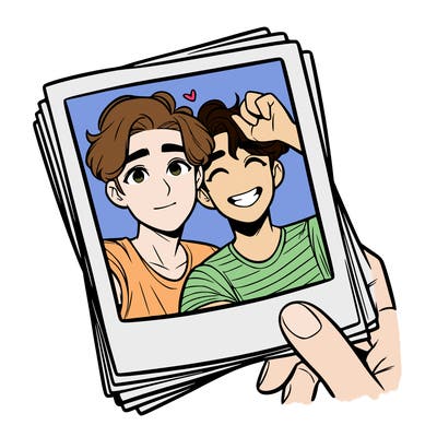 realistic, best friends taking a polaroid picture