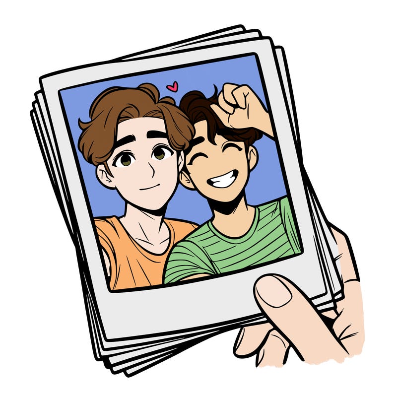 realistic, best friends taking a polaroid picture