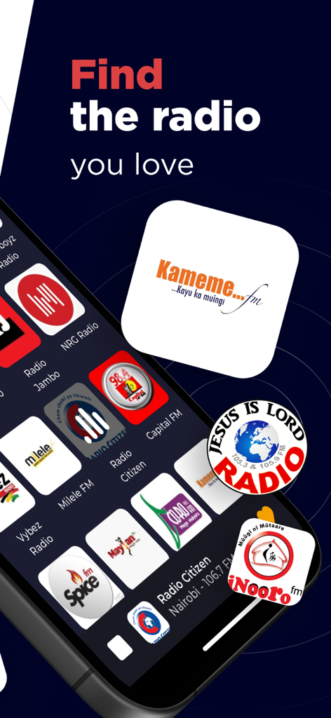 Radio Kenya FM AM Online Live - Interface do aplicativo móvel exibindo logotipos de várias estações de rádio quenianas, incluindo Kameme FM e Rádio Citizen.