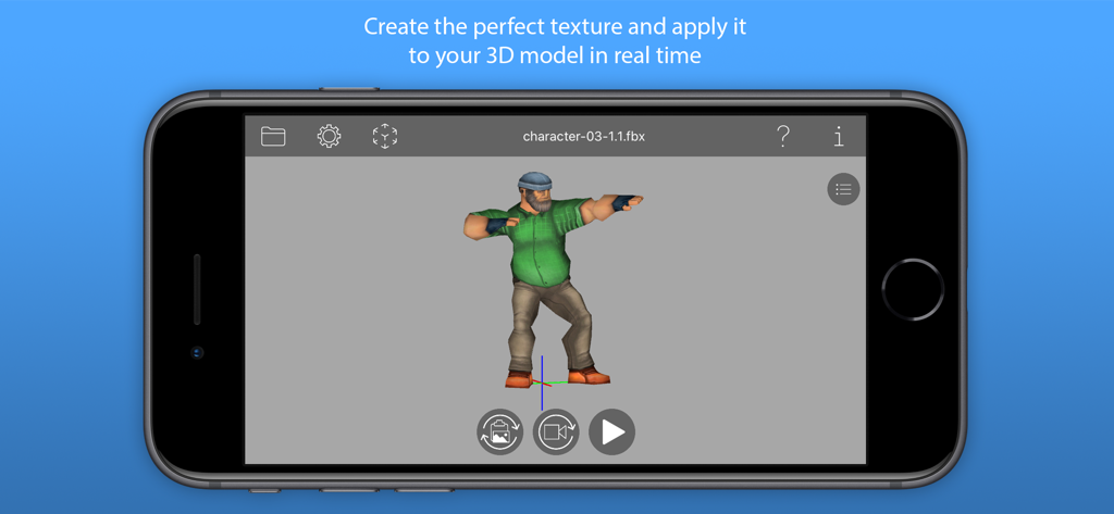 Artist 3D Viewer - A smartphone screen showing the Artist 3D Viewer app interface with a 3D character model and texture tools