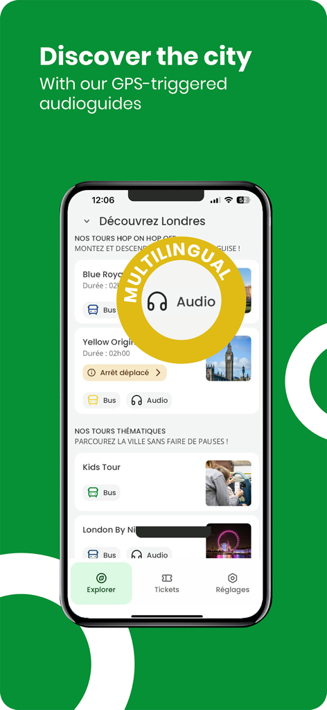 Tootbus – City guide - Application Tootbus montrant les visites de la ville de Londres et les options d'audioguide GPS multilingues