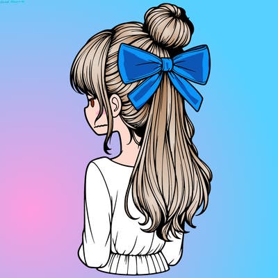 realistic girl  with hip length hair a bun and a big bow on the back of head