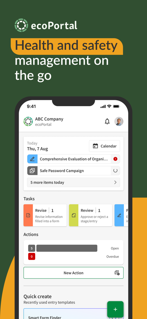 ecoPortal Connect - Painel do aplicativo ecoPortal Connect mostrando tarefas de gerenciamento de saúde e segurança