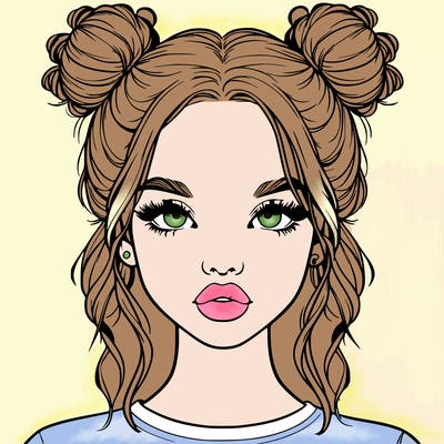 realistic girl with two buns in hair and lips