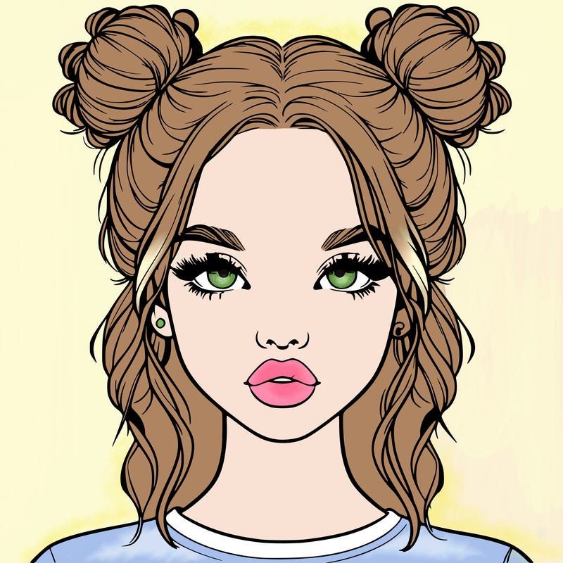 realistic girl with two buns in hair and lips