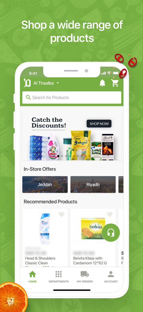 La pantalla de inicio de la aplicación Danube que muestra varios productos comestibles y ofertas de compras.