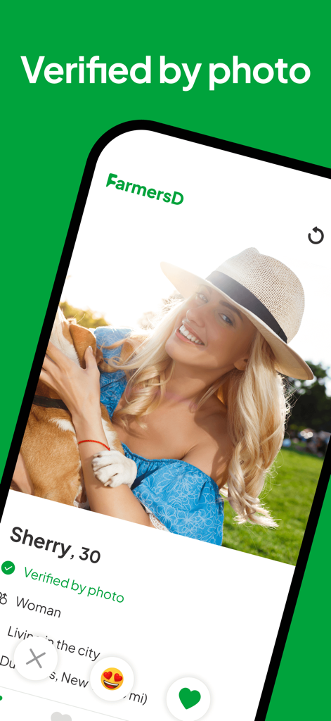 Farmers Dating App - FarmersD - Profile interface of the FarmersD dating app showing a woman verified by photo wearing a sun hat and holding a dog