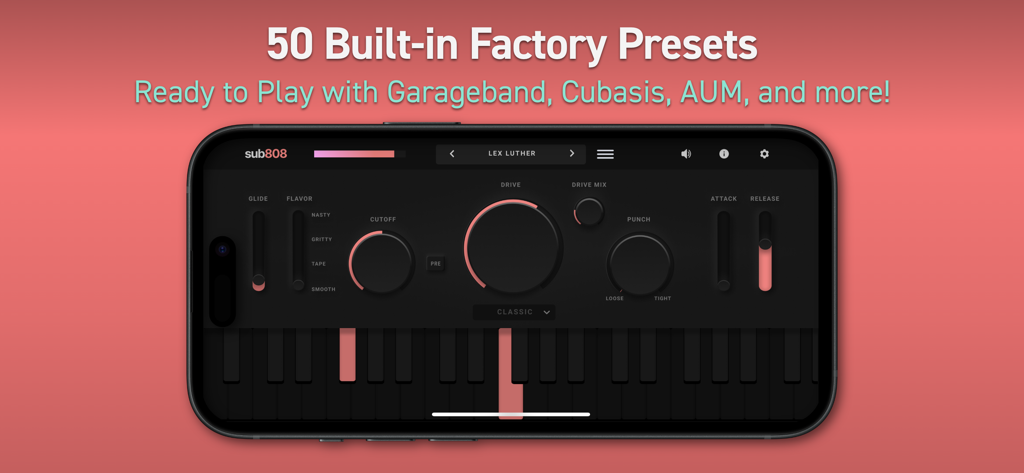 Sub808 Mobile App Oberfläche auf einem Smartphone, die 808 Bass-Synthese-Regler und Factory-Presets zeigt