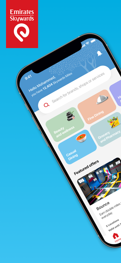 Skywards Everyday - Home screen of the Skywards Everyday app showing miles balance and spending categories