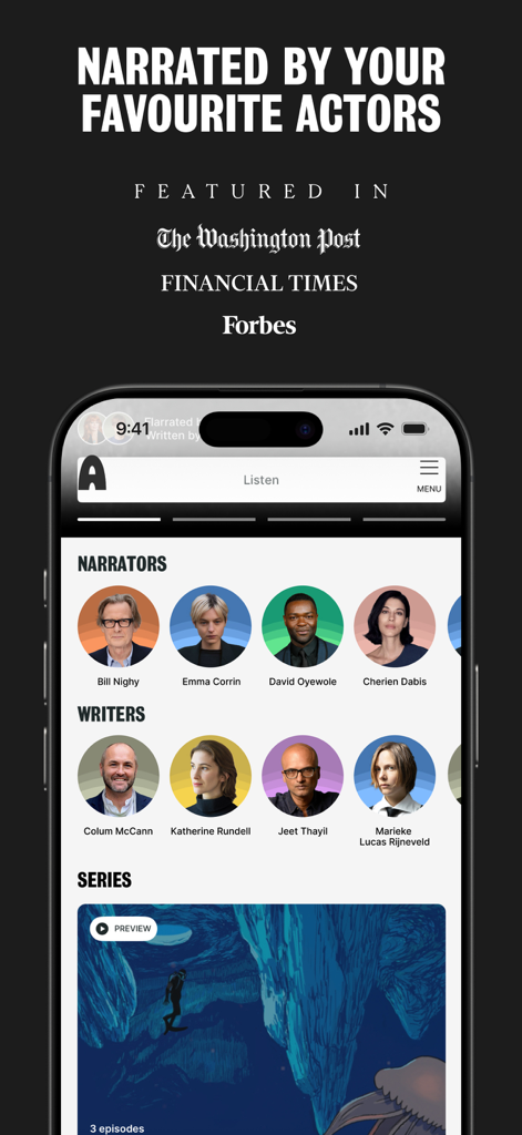 Alexander: Audiobooks & Series - The Alexander app interface featuring a curated list of famous narrators and writers.