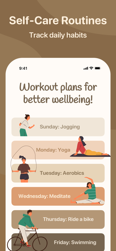 Me+ Lifestyle Routine - Screenshot dell'app Me plus che mostra un programma settimanale di routine di cura personale e piani di allenamento