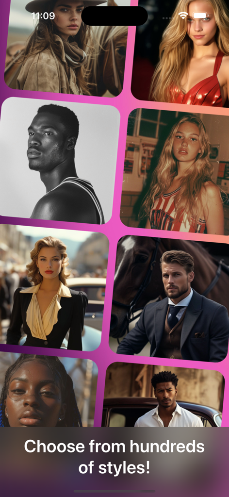 Une grille de portraits réalistes générés par IA dans différents styles artistiques et de mode.