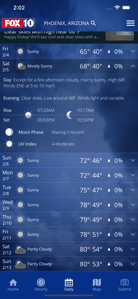 Captura de tela do aplicativo FOX 10 Phoenix Weather mostrando uma previsão diária de 10 dias para Phoenix, Arizona.