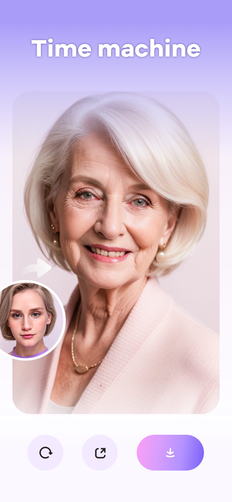 Característica de la Máquina del Tiempo de Futuro Bebé que muestra un filtro de envejecimiento de IA que transforma a una mujer joven en una versión mayor