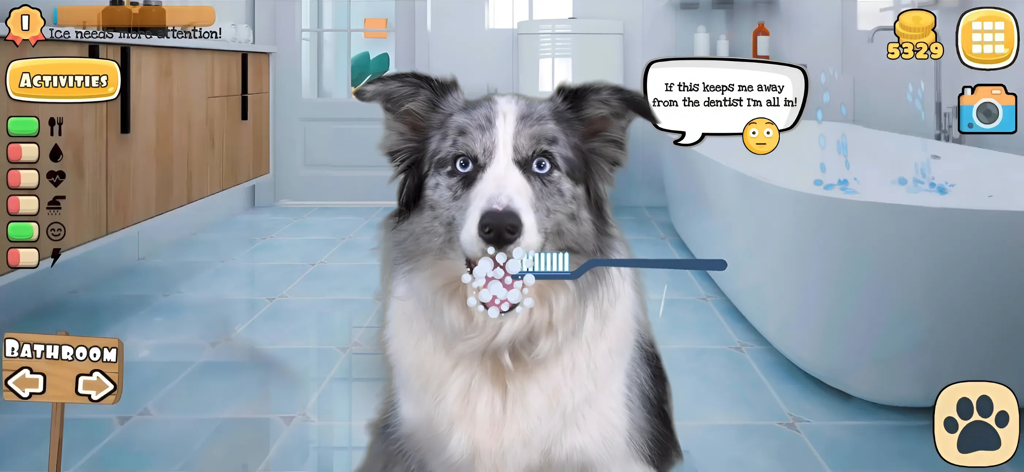 Fruwee: Virtual Pet Dog Games - Escovando os dentes de um border collie da vida real no banheiro do aplicativo de animais virtuais Fruwee