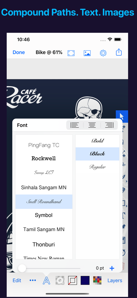 Artmator - Menü zur Schriftartauswahl der Artmator App über einem Vektorlogo-Design auf einem iPhone
