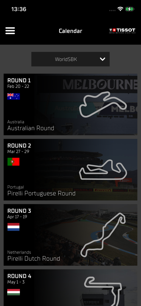 WorldSBK - WorldSBK official app calendar view showing scheduled racing rounds and circuit layouts
