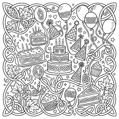 Dive into a unique birthday celebration with this intricate coloring page, beautifully blending traditional Celtic leaf knots with festive party elements. Discover cakes, balloons, and hats adorned with classic knotwork, offering a delightful challenge for colorists of all ages.
