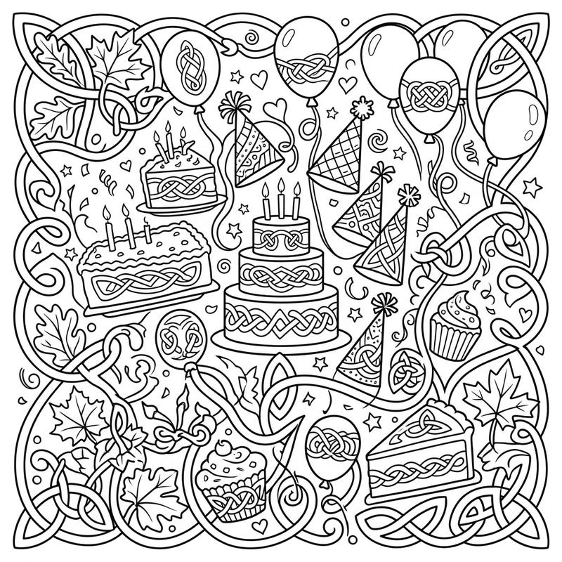 Dive into a unique birthday celebration with this intricate coloring page, beautifully blending traditional Celtic leaf knots with festive party elements. Discover cakes, balloons, and hats adorned with classic knotwork, offering a delightful challenge for colorists of all ages.