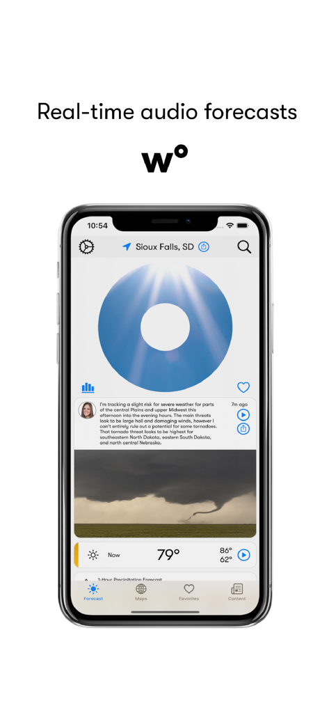 Weatherology: Weather Together - Weatherology app interface displaying real-time audio weather forecasts and a severe storm report.