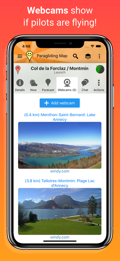 Paragliding Map - Paragliding Map app displaying live webcams for flight site conditions