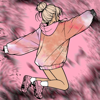realistic girl jumping with a bun and oversized sweatshirt