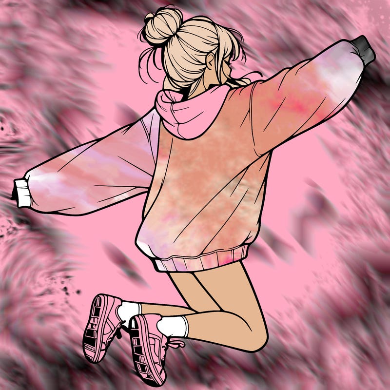 realistic girl jumping with a bun and oversized sweatshirt