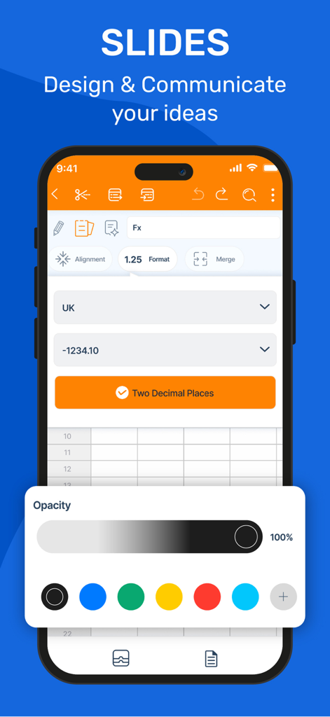 Mobile screen showing slide presentation design features and spreadsheet formatting options in the Office Suite app