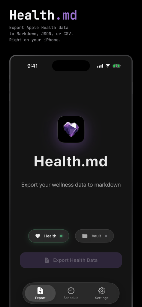 Main screen of the Health.md app on an iPhone showing the export health data button and local sync status