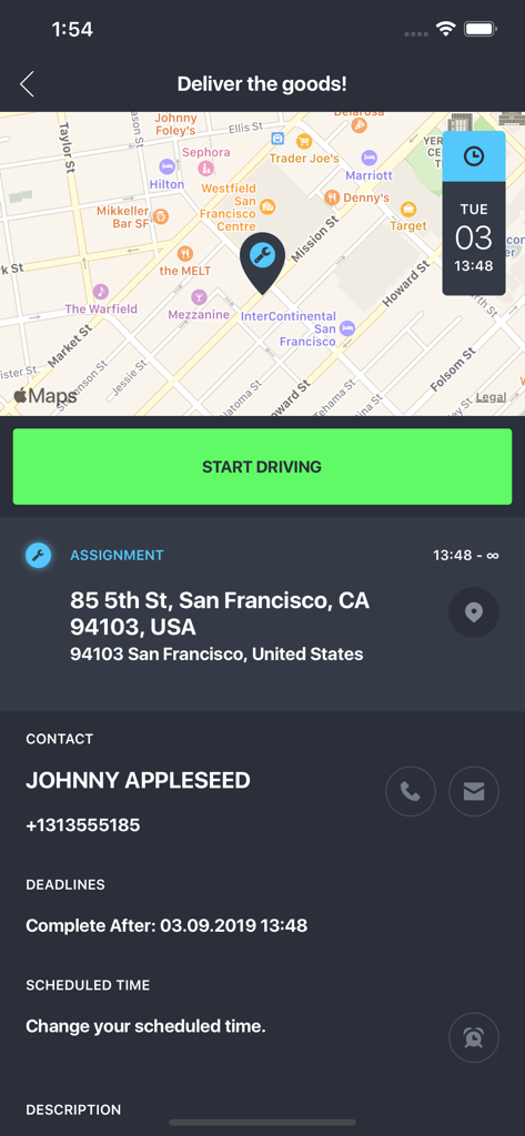 GSMtasks - GSMtasks app interface showing a delivery assignment in San Francisco with a map and a green start driving button