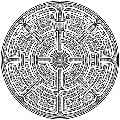Immerse yourself in the captivating design of this circular labyrinth coloring page, featuring intricate classical and medieval patterns. This challenging linear artwork offers a calming and rewarding coloring experience for adults and teens.