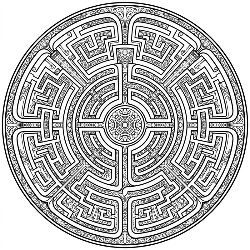 Immerse yourself in the captivating design of this circular labyrinth coloring page, featuring intricate classical and medieval patterns. This challenging linear artwork offers a calming and rewarding coloring experience for adults and teens.