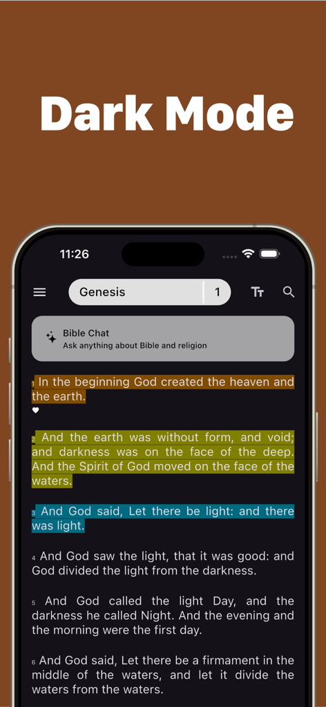 Heaven - Holy Bible Chat AI - Heaven Holy Bible app interface showing scripture in dark mode with color highlights.